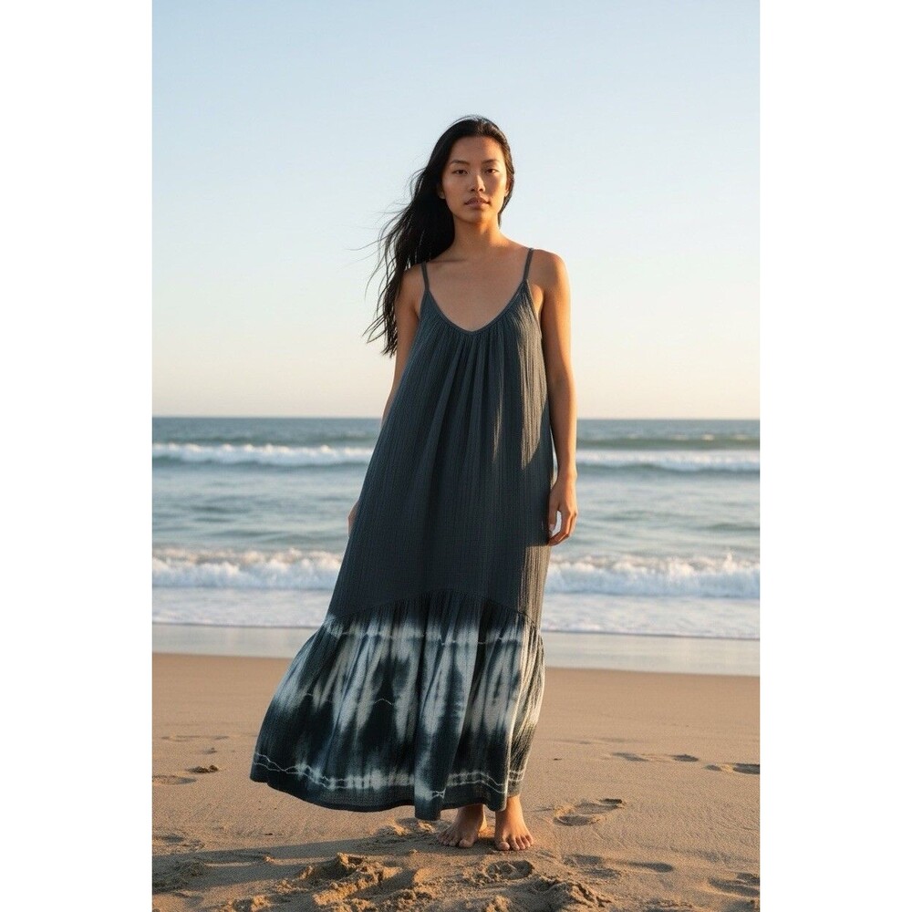 Anaak Midi Dress Size 1 (Small) Blue Tie Dye Cotton Gauze A-line Bohemian INDIA